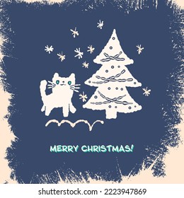 Greeting Card. Drawing with a Christmas tree and a cat.  Vector illustration