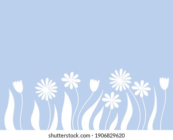 Greeting card with drawn floral flowers chamomile with leaves. Vector illustration for poster, banner, flyer, web, card, party, mother day, invitation, copy space, wedding.