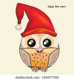 Greeting card drawn in vector eps, image of a cute beautiful owl in a red santa claus hat. Owl is a symbol of wisdom and a beautiful bird. Merry Christmas and Happy New Year. 