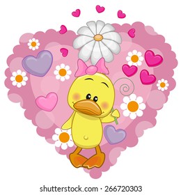 Greeting card Duck with hearts and flower 