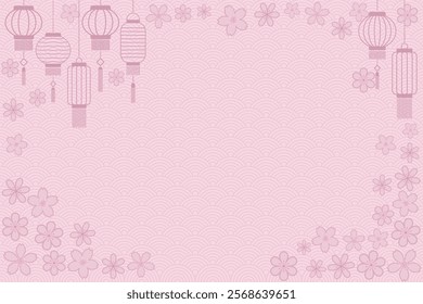 Greeting card with dusty pink outline of lanterns and floral pattern on light pink background. Design concept with decorative element for Chinese New Year.