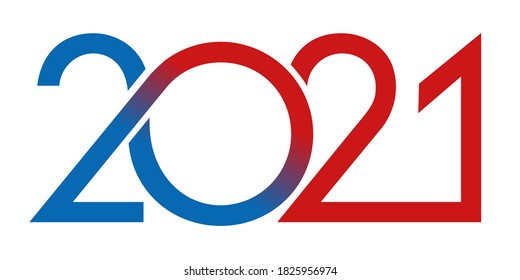 Greeting card with dynamic graphics to present the year 2021 with a succession of red and blue curves on a white background.