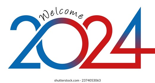Greeting card with dynamic graphics to present the year 2024 with a succession of red and blue curves on a white background.