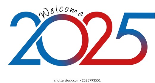 Greeting card with dynamic graphics to present the year 2025 with a succession of red and blue curves on a white background.