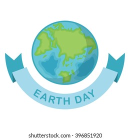 Greeting card with Earth day. Earth Day April 22 and blue Ribbon.  Globe on white background. Vector illustration