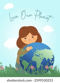 greeting card for Earth Day, World Environment Day, girl holding planet in her hands