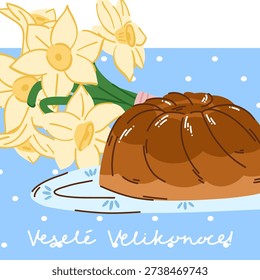 Greeting card with Easter babovka and a bouquet of daffodils Vesele Velikonoce, Czech pastries, Happy Easter
