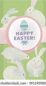 Greeting card with Easter bunnies on a green background.