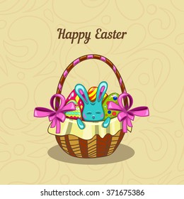 Greeting card with Easter bunny in a basket. Happy Easter illustration.
