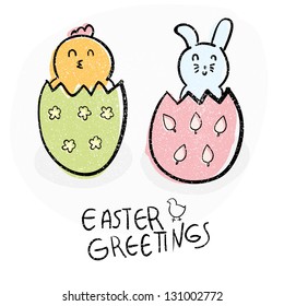 Greeting card with Easter Bunny and Chicken inside Colored Eggs