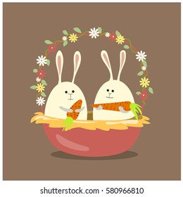 Greeting card. Easter bunny. Cute  rabbits. Holiday. Vector illustration.