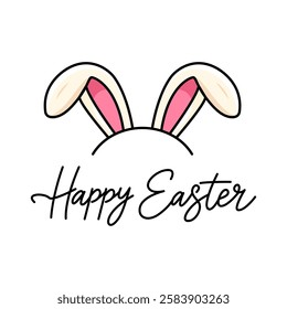 greeting card with easter bunny ears and greeting inscription Happy Easter. flat vector illustration