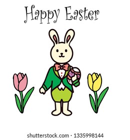 Greeting card for Easter with bunny, eggs and tulips for decorative aims in line art style