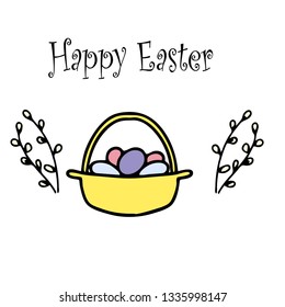 Greeting card for Easter with bunny, eggs and tulips for decorative aims in line art style