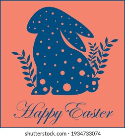 Tarjeta de saludo con conejo de Pascua. Ilustración vectorial de feriado religioso. Decorar conejo con adornos. Feliz Pascua, tarjeta de primavera con hojas