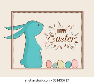  greeting card with Easter bunny and traditional colorful eggs.