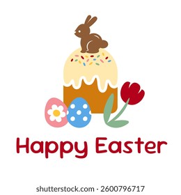 Greeting card with an easter cake, chocolate bunny, eggs and a flower on a white background. Happy Easter poster with a traditional bread with a rabbit on top in cute cartoon style