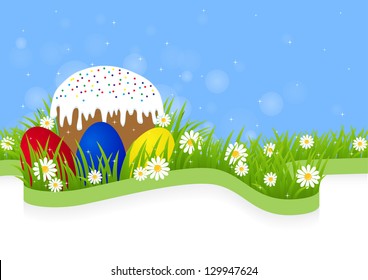 greeting card for Easter with cake and painted eggs on green grass