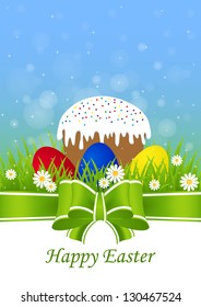 greeting card for Easter with cake and painted eggs on green grass
