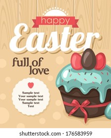 tarjeta de saludo con pastel de Pascua y huevos pintados