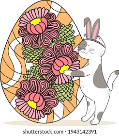 Greeting card. Easter cat with a colored egg. Cute domestic animal. Happy white cat with bunny ears hugs Easter egg isolated on white background, illustration. Flat vector illustration