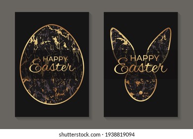 Tarjeta de saludo para Pascua celebrando con huevo de mármol dorado y conejo sobre fondo negro.