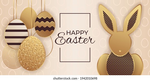 Tarjeta de saludo para Pascua celebrando con brillantes huevos de oro y conejo sobre un fondo beige.