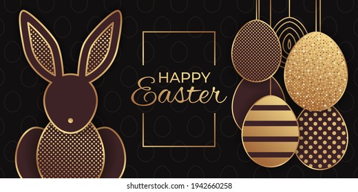 Tarjeta de saludo para Pascua celebrando con brillantes huevos de oro y conejo sobre un fondo negro.