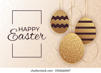 Greeting card for Easter celebrating with shining golden eggs on a beige background.