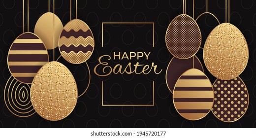 Greeting card for Easter celebrating with shining golden eggs on a black background.