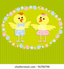 Greeting card with Easter chicks, vector illustration