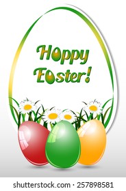 Greeting card for Easter with colorful painted eggs and spring chamomiles in frame from egg on white background. Christ Is Risen. Vector illustration