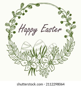 Tarjeta de saludo para Pascua. Composición de Semana Santa de una corona y huevos. Vector. Dibujado a mano.