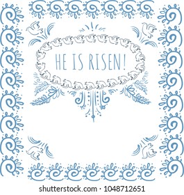 Greeting card Easter Curl and dove He is risen in decor frame