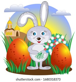 Greeting card with Easter. Cute rabbit. Vector illustration of traditional food background, design.