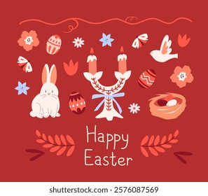 Greeting card for Easter with a cute rabbit, candle holder with ornament, plant elements, nest