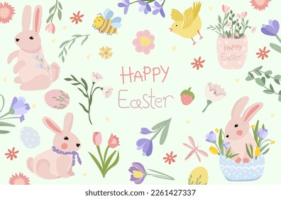 Greeting card with Easter, cute rabbits, a bird, spring flowers in a vase, a chicken, etc. Bright spring flowering. Ideal for banners, cards, posters, stickers. Vector illustration