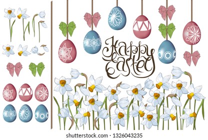 Greeting card for Easter. Daffodils and painted eggs, symbols of Easter. Pink and green bows. Lettering. Christian traditions. Vector graphics. Isolated elements on white background