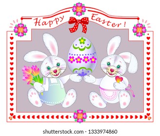 Greeting card with Easter day congratulations. Couple of two cute happy rabbits holding festive egg. Modern print with lettering. Best wishes. Vector cartoon image.