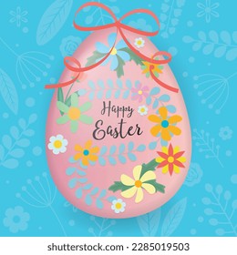 greeting card for easter day with decorated holiday egg by flowers, branches and ribbon