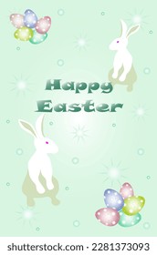 Greeting card for Easter Day with Easter eggs and rabbits on light blue background. Place for your text. Great for  cards, posters, flyer, invitation, party. Flat vector illustration 