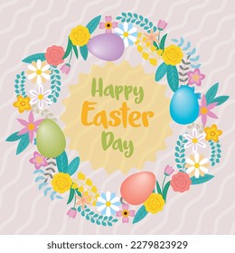 greeting card for easter day with many elements of flowers and holiday eggs
