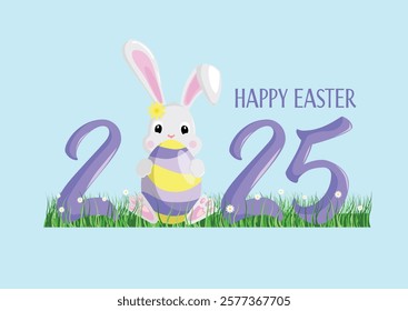 Greeting card for Easter day
 rabbits with egg and 2025 Easter bunny for your greeting card, invitations. Vector illustration
