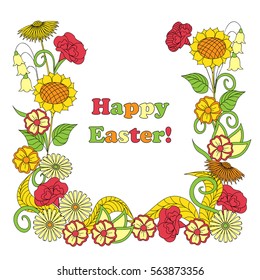 Greeting card for Easter Day with text Happy Easter and doodle floral frame. eps 10.
