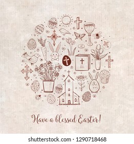 Greeting card with easter doodles in circle on vintage background.