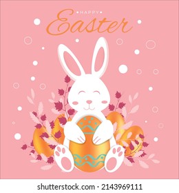 Greeting card for Easter. Drawing of a bunny hugging a decorated Easter egg