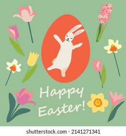 greeting card with easter egg, cute bunny  and spring flowers, vector design for paper, fabric and other surface