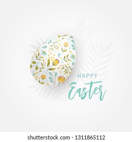 Greeting card with Easter egg and floral ornament isolated on white background. Happy Easter.Vector  illustration