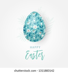 Greeting card with Easter egg and floral ornament isolated on white background. Happy Easter. Vector Illustration