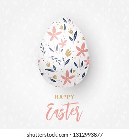 Greeting card with Easter egg and floral ornament isolated on white background. Happy Easter. Vector illustration